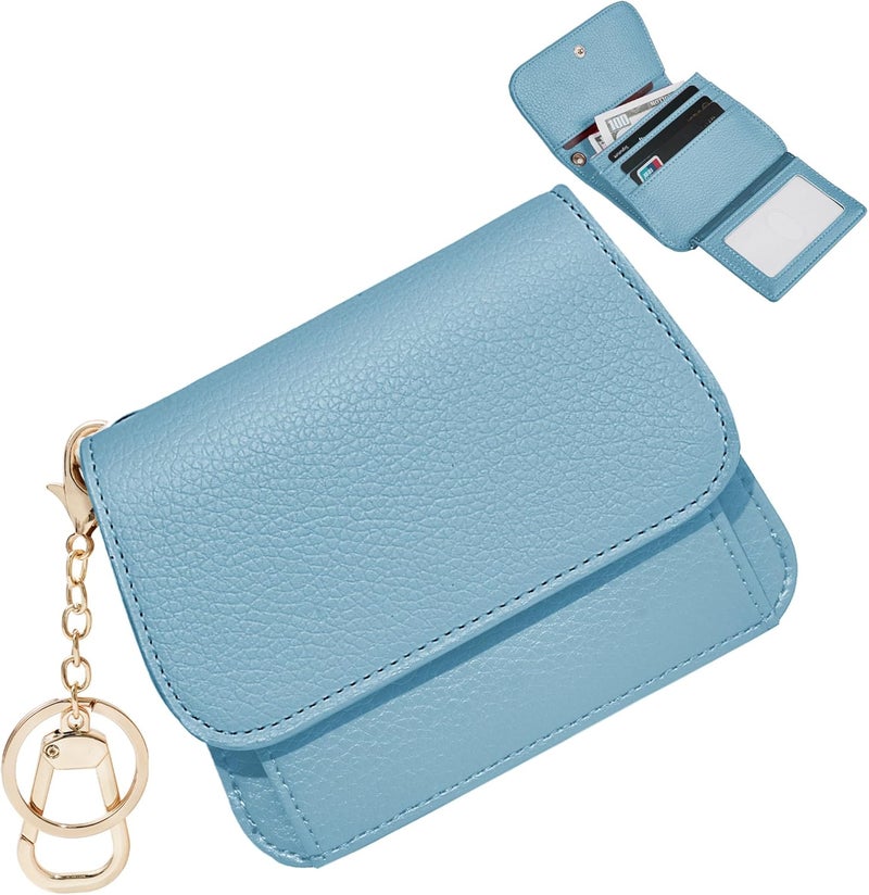 Sunpour Women Small Wallet RFID Blocking Slim Wallet with Coin Pocket Tri-Fold Credit Card Holder with ID Window and Keychain (Blue) - Image 1